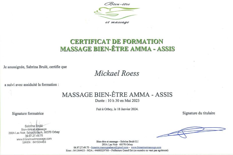 Certificat de formations Massage bien-être Amma - Assis - Massage@Home
