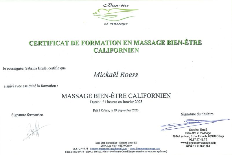 Certificat de formations Massage bien-être Californien - Massage@Home
